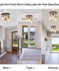 Black And Gold Semi Flush Mount Ceiling Light Three Light Fixture With Clear Glass Shades For Hallway Entryway And Bedroom Kitchen Farmhouse Industrial Gold Brass Dope Modern Style displayed in various rooms
