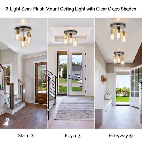 Black And Gold Semi Flush Mount Ceiling Light Three Light Fixture With Clear Glass Shades For Hallway Entryway And Bedroom Kitchen Farmhouse Industrial Gold Brass Dope Modern Style displayed in various rooms