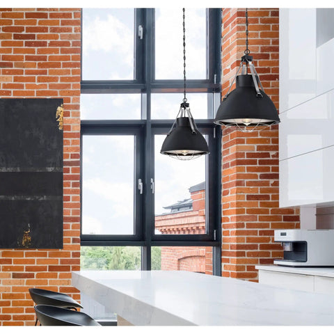 Bartley Vintage-Style One-Light Indoor Pendant Light With Matte Black Finish, Dark Pewter Accents in modern kitchen setting.