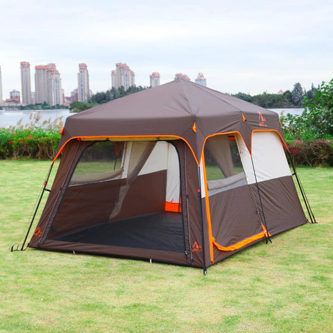 Large Family Tent For 6-8 People With Instant Setup In 60 Seconds, Spacious Two Rooms, Three Doors, Brown on grass