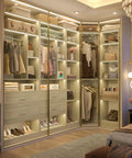 Rock Solid Corner Closet System With 3 Sets and 87 Inch Frame Offers Gobs of Storage via 4 Large Wooden Drawers 4 Hanging Rods Plus over 20 Shelves, organized with clothes and shoes.