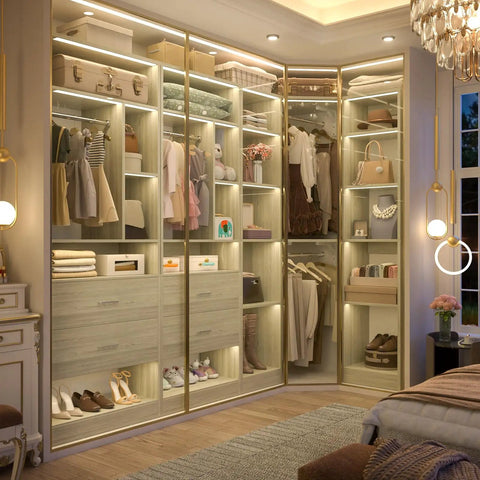 Rock Solid Corner Closet System With 3 Sets and 87 Inch Frame Offers Gobs of Storage via 4 Large Wooden Drawers 4 Hanging Rods Plus over 20 Shelves, organized with clothes and shoes.