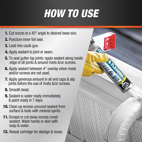 Butyl Flex Gutter And Flashing Sealant White 10.1 Oz, instructions on using sealant for exterior joints and gutter repair