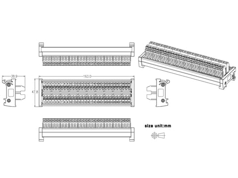 Diagram of 30 Position 24A 400V Screw Terminal Block Distribution Module for DIN Rail Mount, heavy-duty dimensions, multiple views.