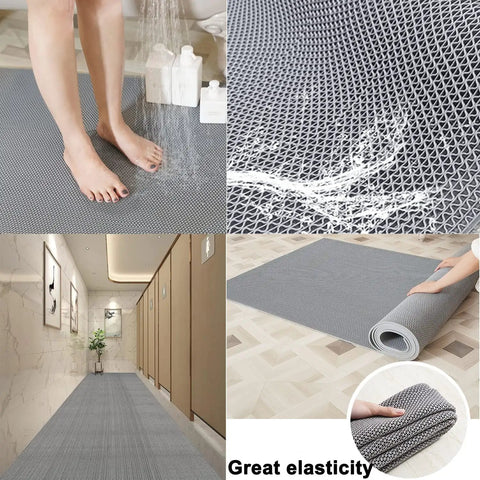 Heavy Duty PVC Drainage Mat 3 Ft By 10 Ft, 1/4 Inch Thick, non-slip for wet areas, showing rolled and unrolled views, fast drainage