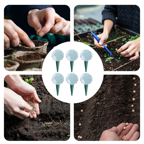Adjustable Seed Spreader Tool With Comfortable Grip For Easy Planting, 5 Settings To Control Seed Flow In Garden Or Lawn, shown in use