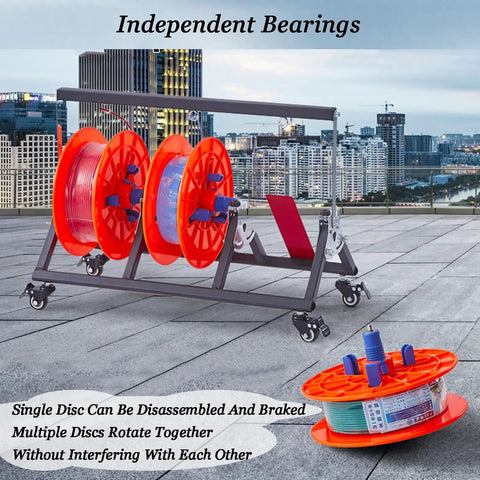 Rugged Pro Grade Wire Spool Rack On Wheels for Electrical and Garage Use with red discs and steel frame on rooftop