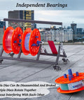 Heavy Duty Wire Spool Rack On Wheels Built Tough With Multi Axis Cable Caddy Dispenser on rooftop with cityscape background