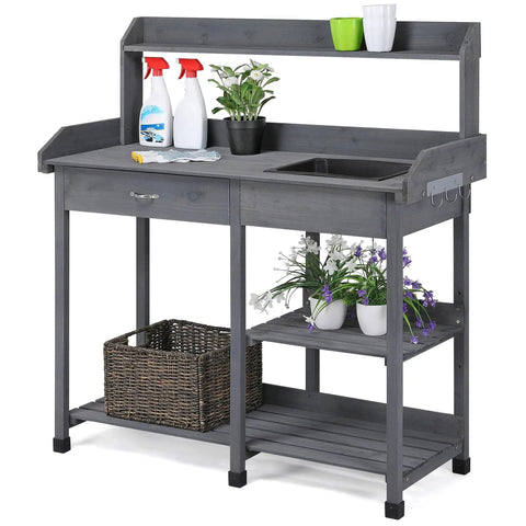 Outdoor Potting Bench Table All In One Garden Workstation With Drawer Adjustable Shelf Removable Sink Hooks And Pads