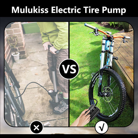Comparison of manual pump vs. Go To Tire Inflator Portable Air Pump 150 PSI Battery Powered inflating bike tire.