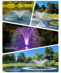 Floating Fountain And Aerator All In One Kit With LED Lights For Ponds Lakes And Water Gardens 1200GPH in varied outdoor settings