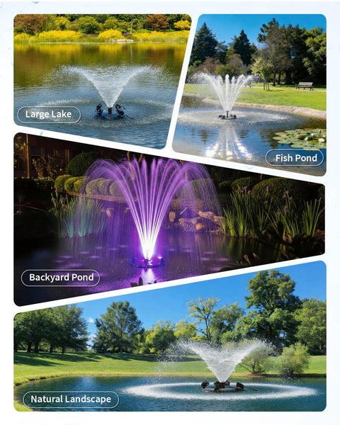 Floating Fountain And Aerator All In One Kit With LED Lights For Ponds Lakes And Water Gardens 1200GPH in varied outdoor settings