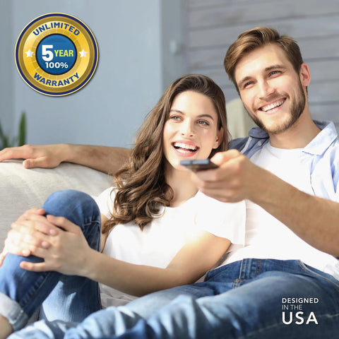 Happy couple using remote with Voltage Guard Surge Protector For Smart TVs And Gaming Consoles, Shields Your Home Theater Setup