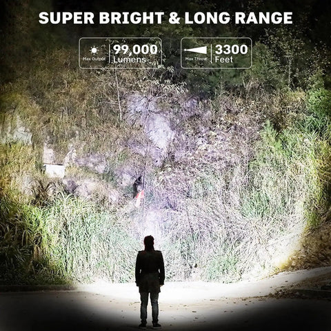 Rechargeable Flashlights 99000 Lumens Super Bright LED With 15 Hour Runtime 5 Modes IPX7 Waterproof Handheld shining on a hillside
