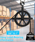 Aunocy 12 Inch Heavy Duty Scaffolding Pulley Hoist with Precision Ball Bearings, loaded with rope, in a warehouse setting.