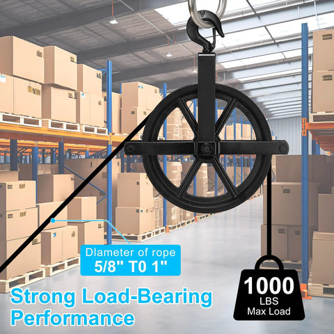 Aunocy 12 Inch Heavy Duty Scaffolding Pulley Hoist with Precision Ball Bearings, loaded with rope, in a warehouse setting.
