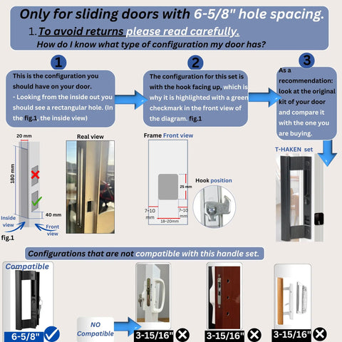 Diagram showing installation guide for Heavy Duty Sliding Glass Door Handle Set 6 5/8 Inches Black Zinc Finish With Ergonomic Grip.
