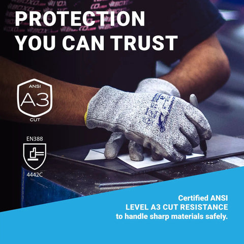 Hammer Head 3 Basetek Protective Work Gloves with HDPE A3 Basetek Liner used for sheet metal handling, protective gear.