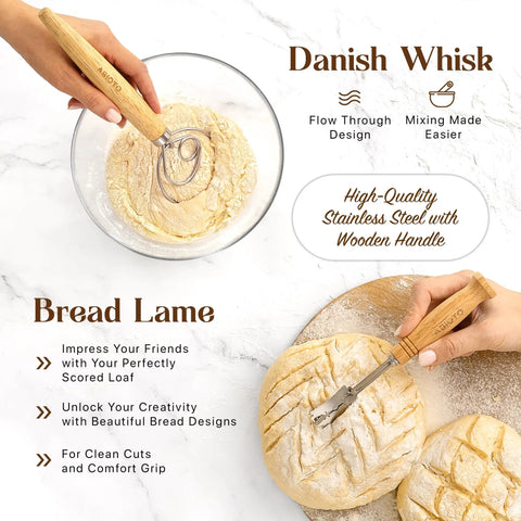Go To Sourdough Starter Kit With 10 Inch Round And 11 Inch Oval Banneton Proofing Baskets And 34oz Starter Jar, Danish whisk and bread lame being used with dough
