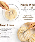 Danish whisk in bowl of dough and bread lame scoring loaf, part of All In One Sourdough Bread Kit With 9 Inch Round Banneton Proofing Basket.