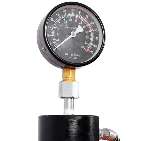 Top view of a pressure gauge on the Heavy Duty Hydraulic Shop Press, showing precise measurements up to 70 tons.