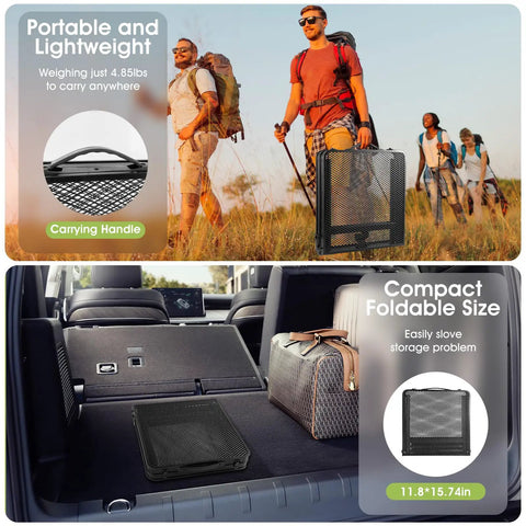 Image of Upgraded Folding Grill Table For Outdoor BBQs Metal Portable Camping Table folded in a car trunk and being carried outdoors