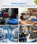 Hella Flexible Polyurethane Recoil Air Hose With Built In Bend Restrictor And Snappy Brass Quick Connect Couplers in heavy duty workshop setting.