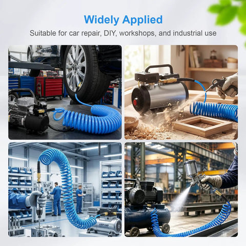 Hella Flexible Polyurethane Recoil Air Hose With Built In Bend Restrictor And Snappy Brass Quick Connect Couplers in heavy duty workshop setting.