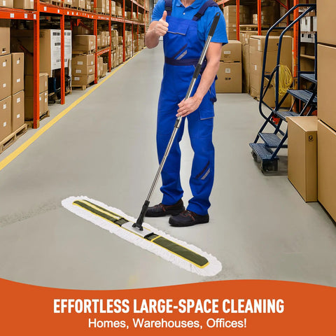 Built Tough 36 Inch Commercial Dust Mop With Telescoping Handle For Hardwood Floors Tile Laminate And Concrete Wide Head in use by cleaner.