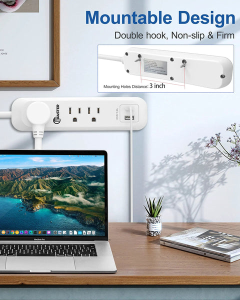 Mounted white power strip workhorse with surge protection, 6 ft extension cord, 3 outlets, 2 USB ports on office wall