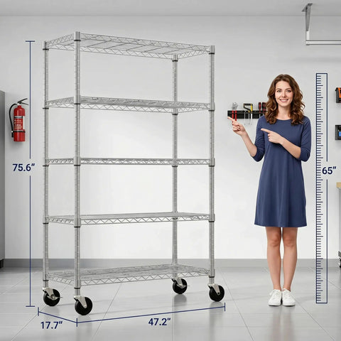 Woman pointing at Five Tier Wire Shelving Unit With Wheels Beefy Heavy Duty Metal Storage Rack for garage, 75.6 inches tall.