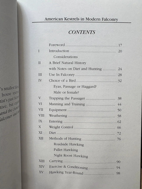 Table of contents from 'Kestrel Falconry Man's Guide For Modern Training And Hunting' 3rd edition with chapter titles.