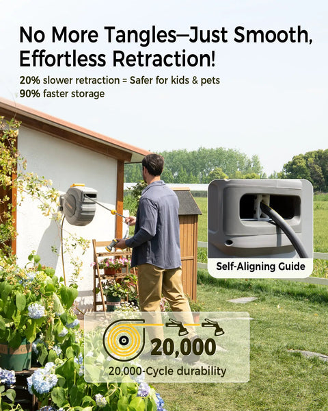 Man using Retractable Garden Hose Reel Five Eighths Inch By 65 Feet With UV Freeze Protection Brass Seal Slow Retraction Tangle Free