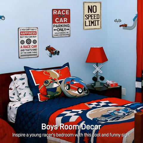 Rad No Speed Limit Metal Tin Wall Sign For Car Freaks And Street Savvy Crew Badass Garage Bedroom Decor Funny 12 By 8 Inch Novelty Home Art Vibe Gift Dude in a boy's bedroom.