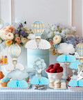 Blue Hot Air Balloon Honeycomb Centerpieces For Tables With Clouds Travel Adventure Theme 8 Piece Set Kid Approved centerpiece