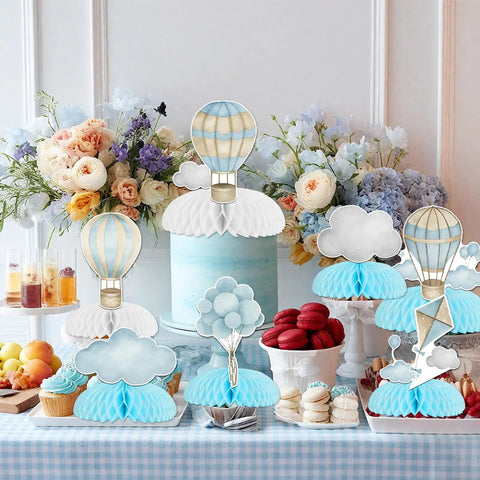 Blue Hot Air Balloon Honeycomb Centerpieces For Tables With Clouds Travel Adventure Theme 8 Piece Set Kid Approved centerpiece
