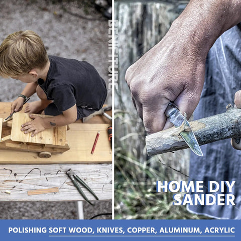 Child working on wood project using Mini Belt Sander Kit With 15 Abrasive Belts, 7 Speed Adjustable Edge Sharpening Tool nearby