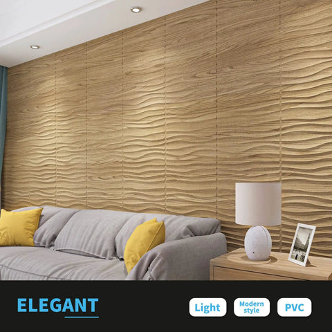 PVC 3D Wave Wall Panels Wood Brown Texture for Interior Decor, modern living room with elegant wall and sofa