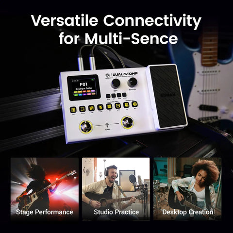 Dual Stomp Multi Effects Guitar Pedals Dope Rechargeable Processor with expression wah and volume on stage and studio display