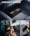 Straight Fire Heavy Duty Cordless Tire Inflator With Analog Pressure Gauge 150 Psi Portable Air Compressor Pump in car console.