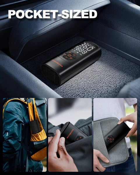 Straight Fire Heavy Duty Cordless Tire Inflator With Analog Pressure Gauge 150 Psi Portable Air Compressor Pump in car console.