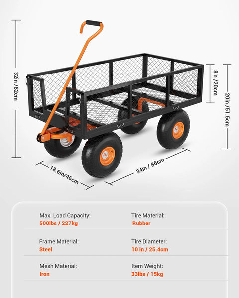 Heavy Duty Steel Garden Cart With 500 Lbs Capacity 3 In 1 Pullable Wagon with 10 Inch Wheels and Steel Frame Dimensions