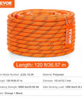 Coiled orange and black polyester rope labeled 120 ft length, 7/16 Inch Double Braid Polyester Rope 150 Ft Heavy Duty Pulling Rope 880 Lbs Break Strength
