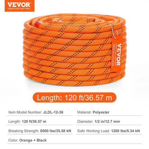 Coiled orange and black polyester rope labeled 120 ft length, 7/16 Inch Double Braid Polyester Rope 150 Ft Heavy Duty Pulling Rope 880 Lbs Break Strength