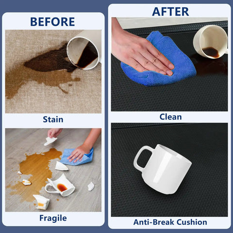Game Changing Anti Fatigue Kitchen Mat Set With Memory Foam Runner And Sealed Dust Proof Edges For Standing Comfort In Kitchens And Offices Total Leg Relief And Built For Long Run Durability showing stain removal process.