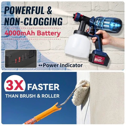 Cordless Paint Sprayer For Home Interior And Exterior Projects, 20V Brushless Motor, 4.0Ah Battery, 1200ml Cup, Lightweight