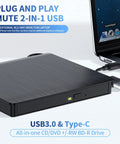 External Blu Ray Drive On The Go Portable Blu Ray Player And CD DVD Burner With USB 3 And Type C Reader Read BD DVD CD Plug And Play Lightweight For Windows Mac Linux 2 In 1, black USB3.0 Type-C drive connected to a laptop
