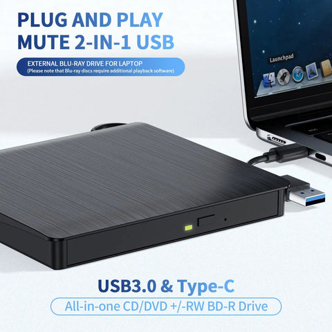 External Blu Ray Drive On The Go Portable Blu Ray Player And CD DVD Burner With USB 3 And Type C Reader Read BD DVD CD Plug And Play Lightweight For Windows Mac Linux 2 In 1, black USB3.0 Type-C drive connected to a laptop