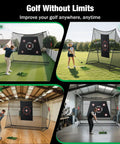 Backyard Golf Practice Net With Two Targets, 10x7ft Portable Hitting Net for indoor garage or outdoor use in various settings.
