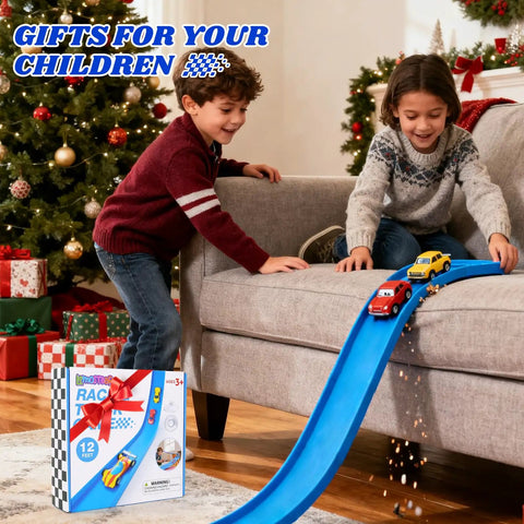 Kids playing with 12 Foot Starter Flexible Race Track Set For Kids 3 And Up, Portable Rolls Up Design With Suction Cups in a holiday setting.